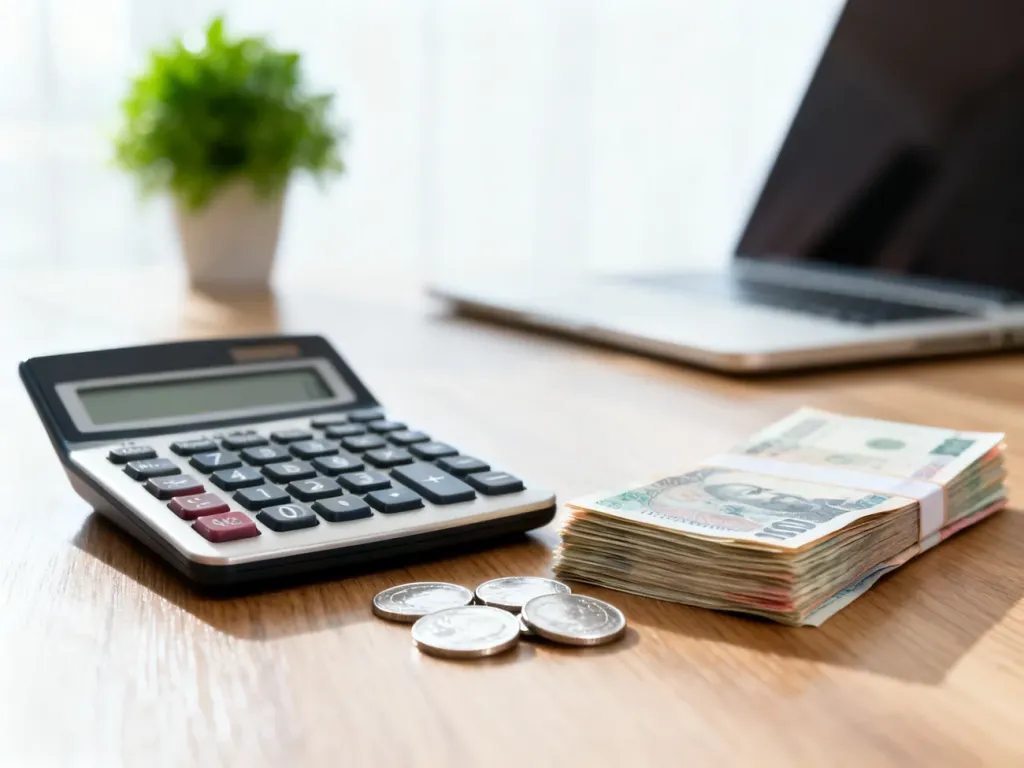 Kalkulator, banknoty i monety na biurku, symbolizujące obliczenia finansowe i planowanie budżetu domowego.